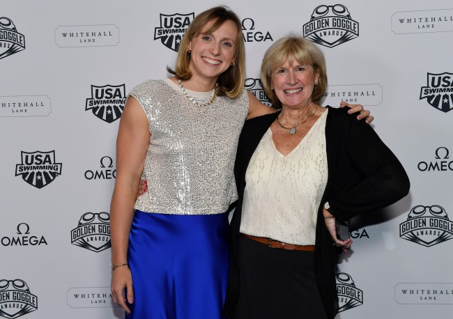 Katie Ledecky and her mother Mary Gen Ledecky arrive for the during 2023 Golden Goggle Awards at JW Marriott LA Live on November 19, 2023 in Los Angeles, California.