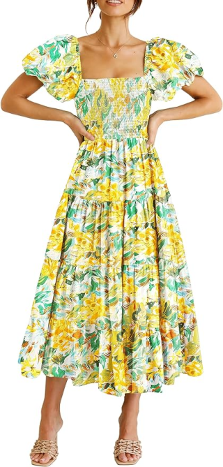 A model wearing the PRETTYGARDEN Puffy Sleeve Midi Dress in a yellow and green colorway