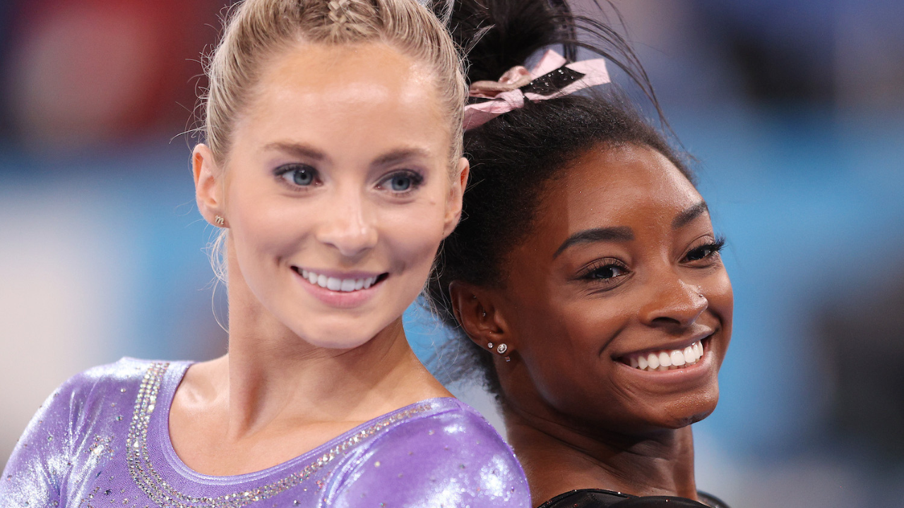 Mykayla Skinner and Simone Biles of Team United States pose for a photo during Women's Podium Training ahead of the Tokyo 2020 Olympic Games at Ariake Gymnastics Centre on July 22, 2021 in Tokyo, Japan.
