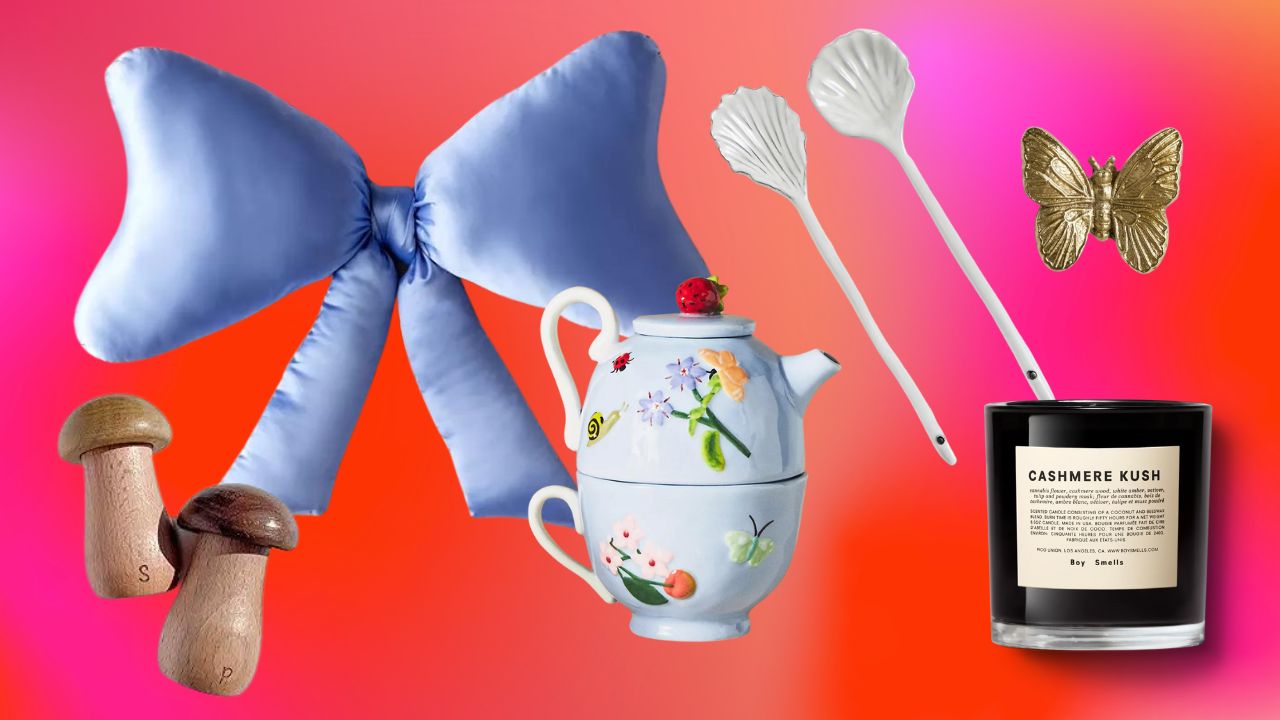 From left to right: mushroom salt and pepper shakers, a bow pillow, a teapot, a shell-shaped serving spoon set, a butterfly wall hook, a candle