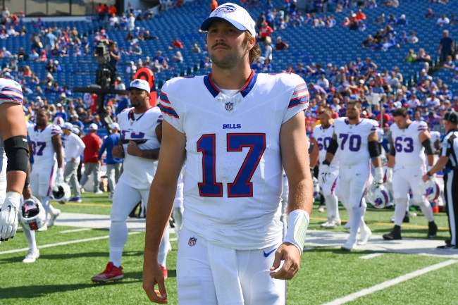 Josh Allen #17 of the Buffalo Bills following a preseason game against the Chicago Bears at Highmark Stadium on August 10, 2024 in Orchard Park, New York. The Bears won 33-6.