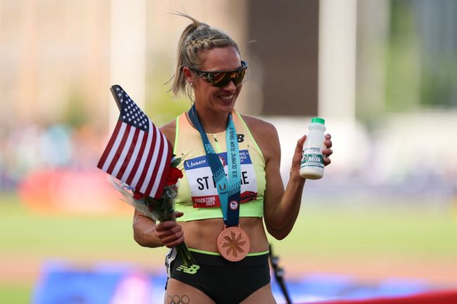 Bronze medalist Elle St. Pierre poses with her medal after competing in the women's 1500 meter final on Day Ten of the 2024 U.S. Olympic Team Track & Field Trials at Hayward Field on June 30, 2024 in Eugene, Oregon.