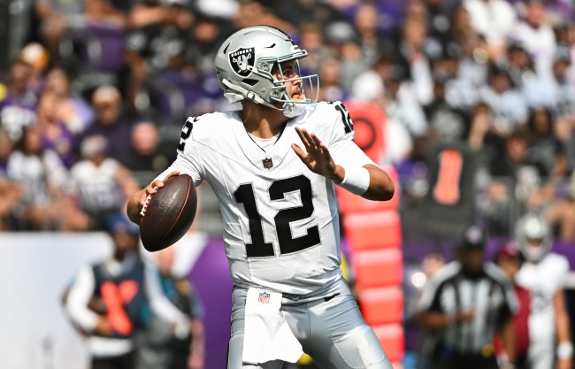 Aidan O'Connell #12 of the Las Vegas Raiders passes the ball in the first quarter of the preseason game against the Minnesota Vikings at U.S. Bank Stadium on August 10, 2024 in Minneapolis, Minnesota.