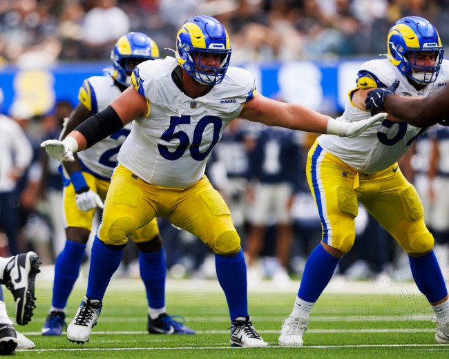 Beaux Limmer #50 of the Los Angeles Rams blocks during a preseason game against the Dallas Cowboys at SoFi Stadium on August 11, 2024 in Inglewood, California.