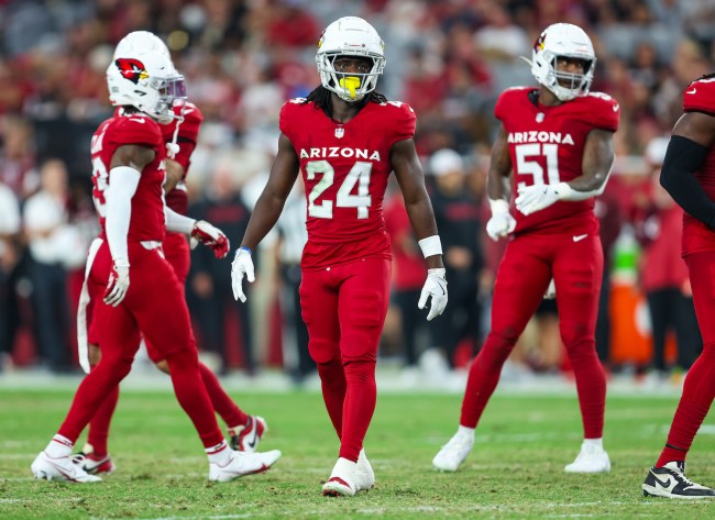Starling Thomas V #24 of the Arizona Cardinals on the field between plays during the first quarter of a preseason football game against the New Orleans Saints at State Farm Stadium on August 10, 2024 in Glendale, Arizona.