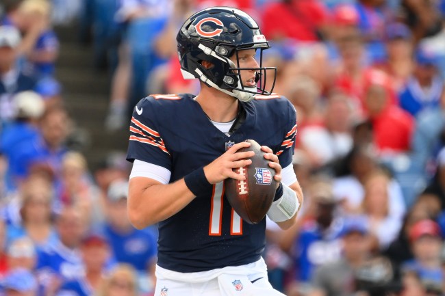 Brett Rypien #11 of the Chicago Bears drops back to pass against the Buffalo Bills during the second half of a preseason game at Highmark Stadium on August 10, 2024 in Orchard Park, New York.