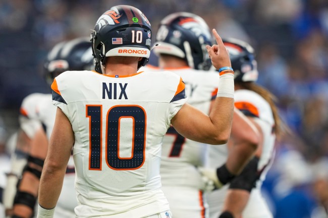 Bo Nix #10 of the Denver Broncos stands on the field during an NFL preseason football game against the Indianapolis Colts at Lucas Oil Stadium on August 11, 2024 in Indianapolis, Indiana.