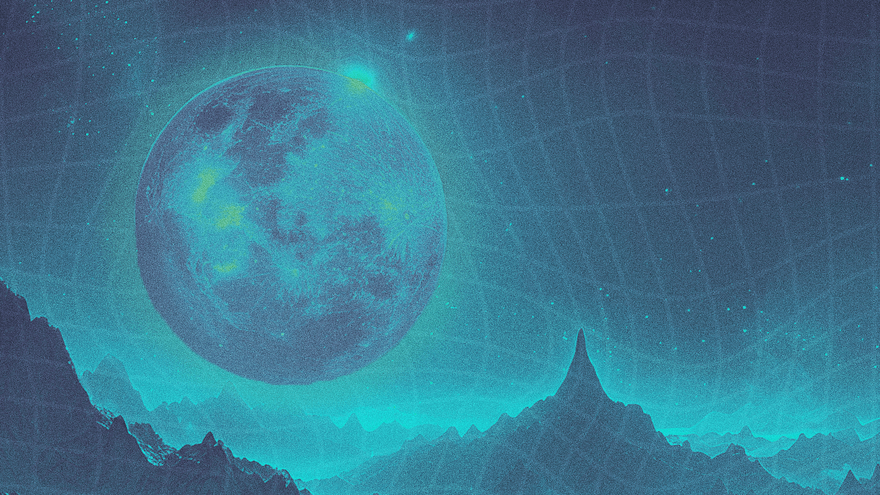 A full moon hanging over the rocky landscape of a distant planet with a green-blue grid pattern covering the sky