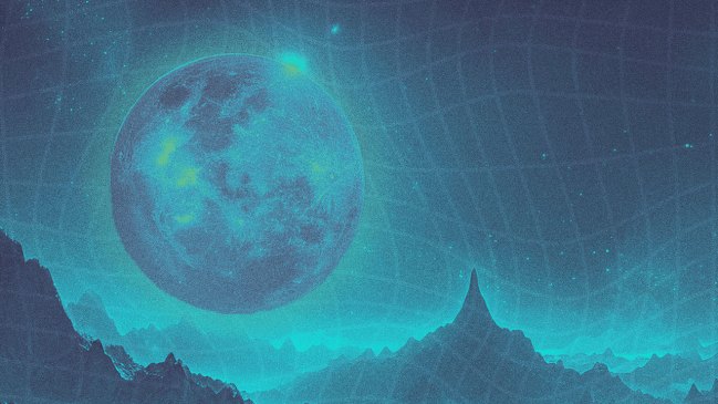 A full moon hanging over the rocky landscape of a distant planet with a green-blue grid pattern covering the sky