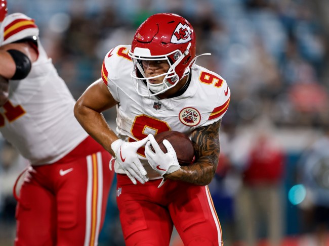 Runningback Louis Rees-Zammit #9 of the Kansas City Chiefs on a running play during a preseason game against the Jacksonville Jaguars at EverBank Stadium on August 10, 2024 in Jacksonville, Florida. The Jaguars defeated the Chiefs 26 to 13.