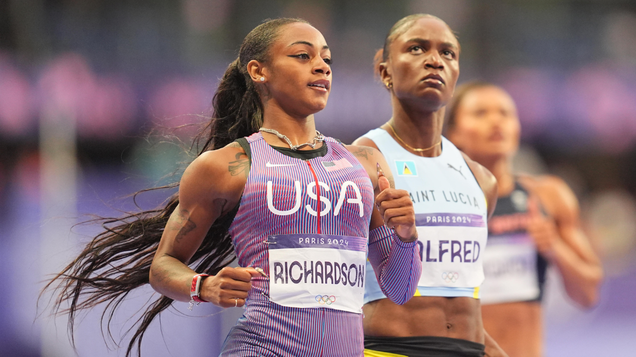 Sha'carri Richardson of USA competes during the Women's 100m Semi-Final on Day 8 of the Olympic Games Paris 2024 at Stade de France on August 3, 2024 in Saint-Denis, France.