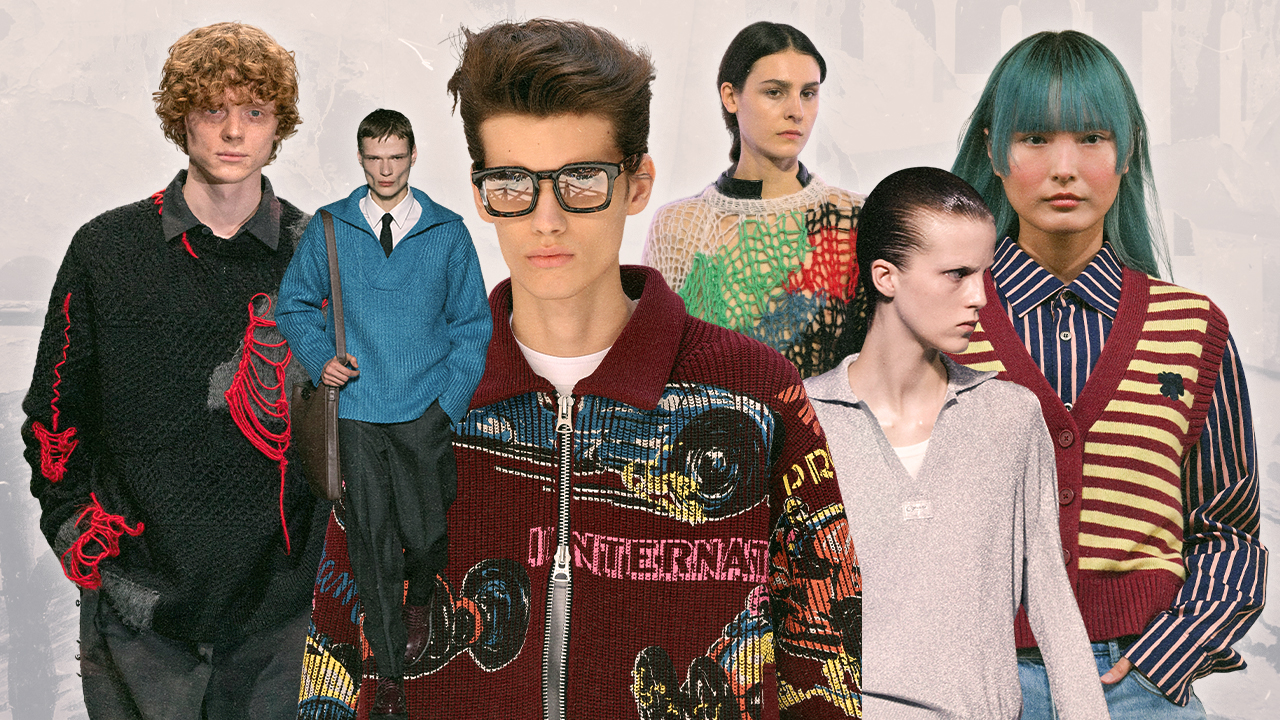 Sacai, Coperni, Valentino for men's sweater trends 2024.