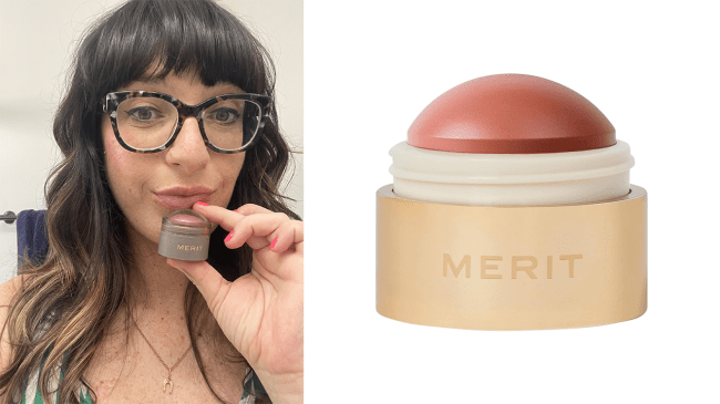Left: Gina is wearing the Merit Beauty Flush Balm in Cheeky; Right: the Merit Beauty Flush Balm in Cheeky.