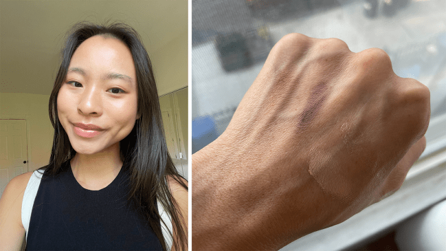 Left: Katie is wearing the Merit Beauty Solo Shadow in Midcentury and Social; Right: Merit Beauty Solo Shadow swatches for Midcentury and Social.