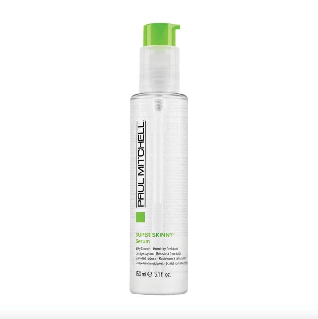 Paul Mitchell Super Skinny Serum in a clear bottle with a green cap.