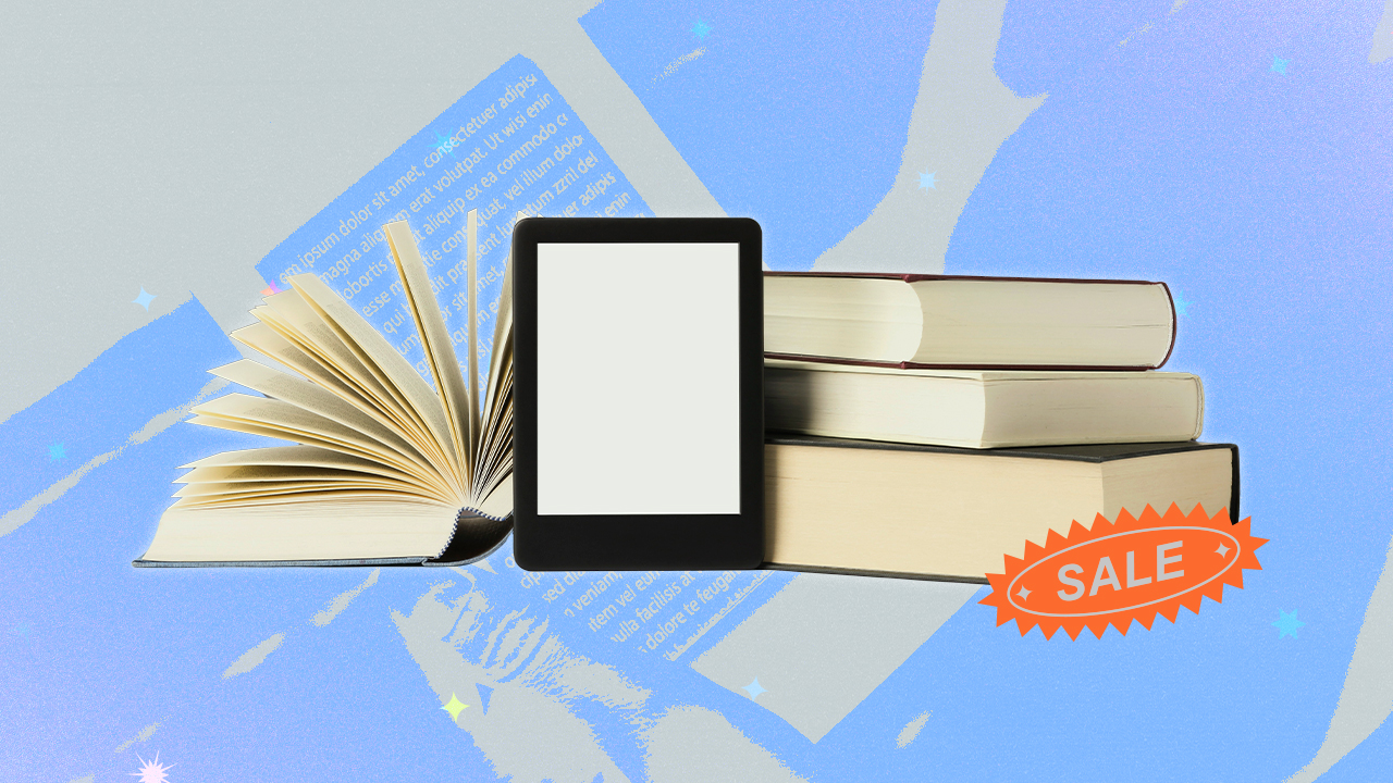 A collage of a Kindle and books