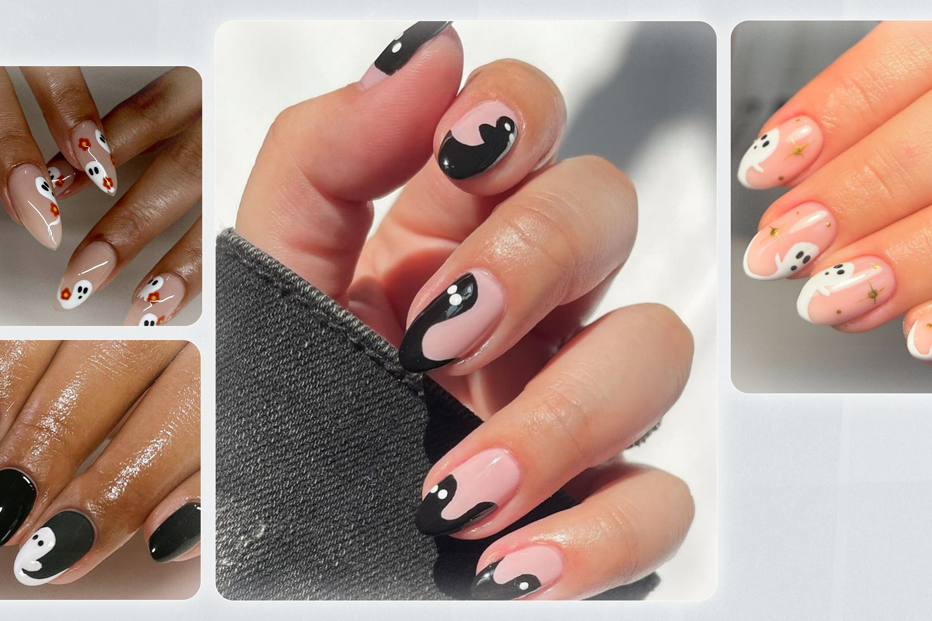 Four hands with different ghost-inspired nail art
