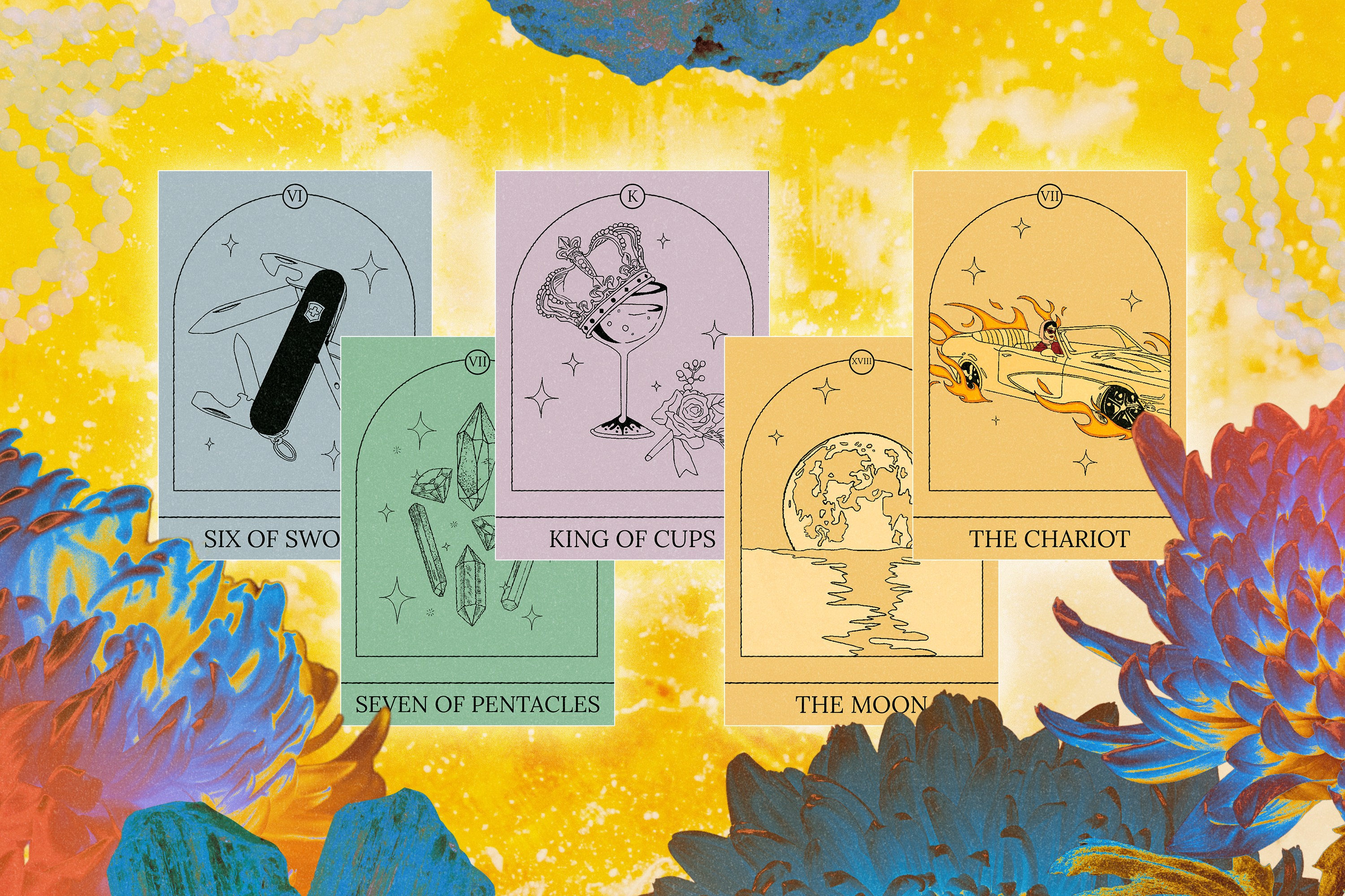 A spread of Tarot cards over a cosmic floral background