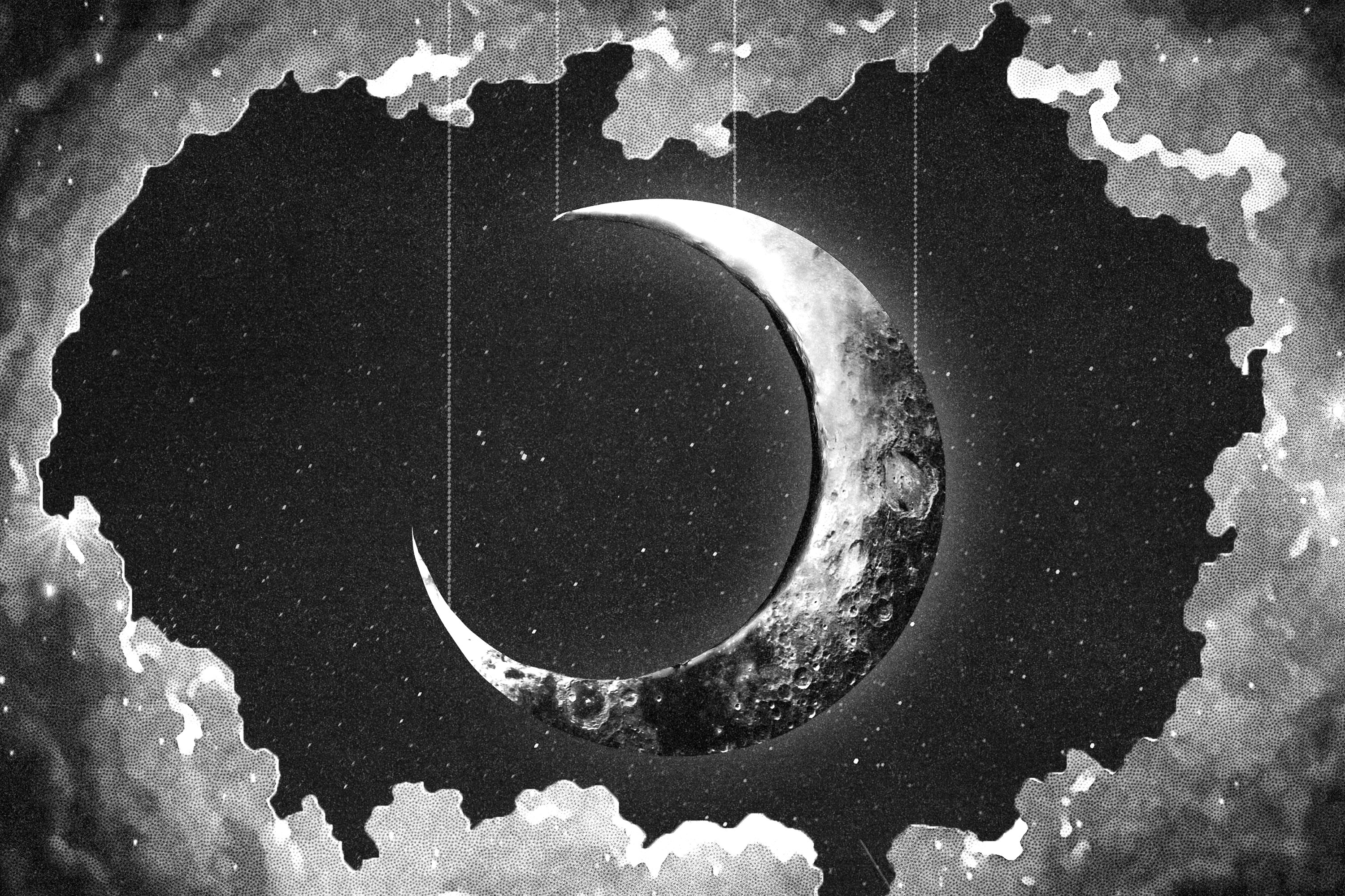 A crescent or new moon in black and white hanging from the sky