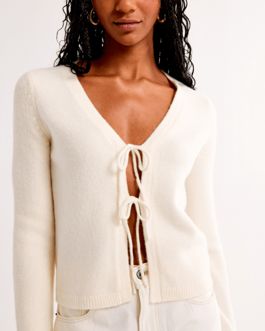 Abercrombie & Fitch Tie-Front Cardigan in cream color