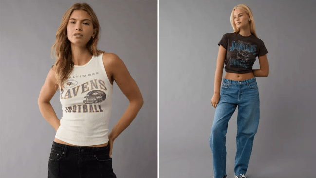 American Eagle models wearing the AE NFL collection collaboration