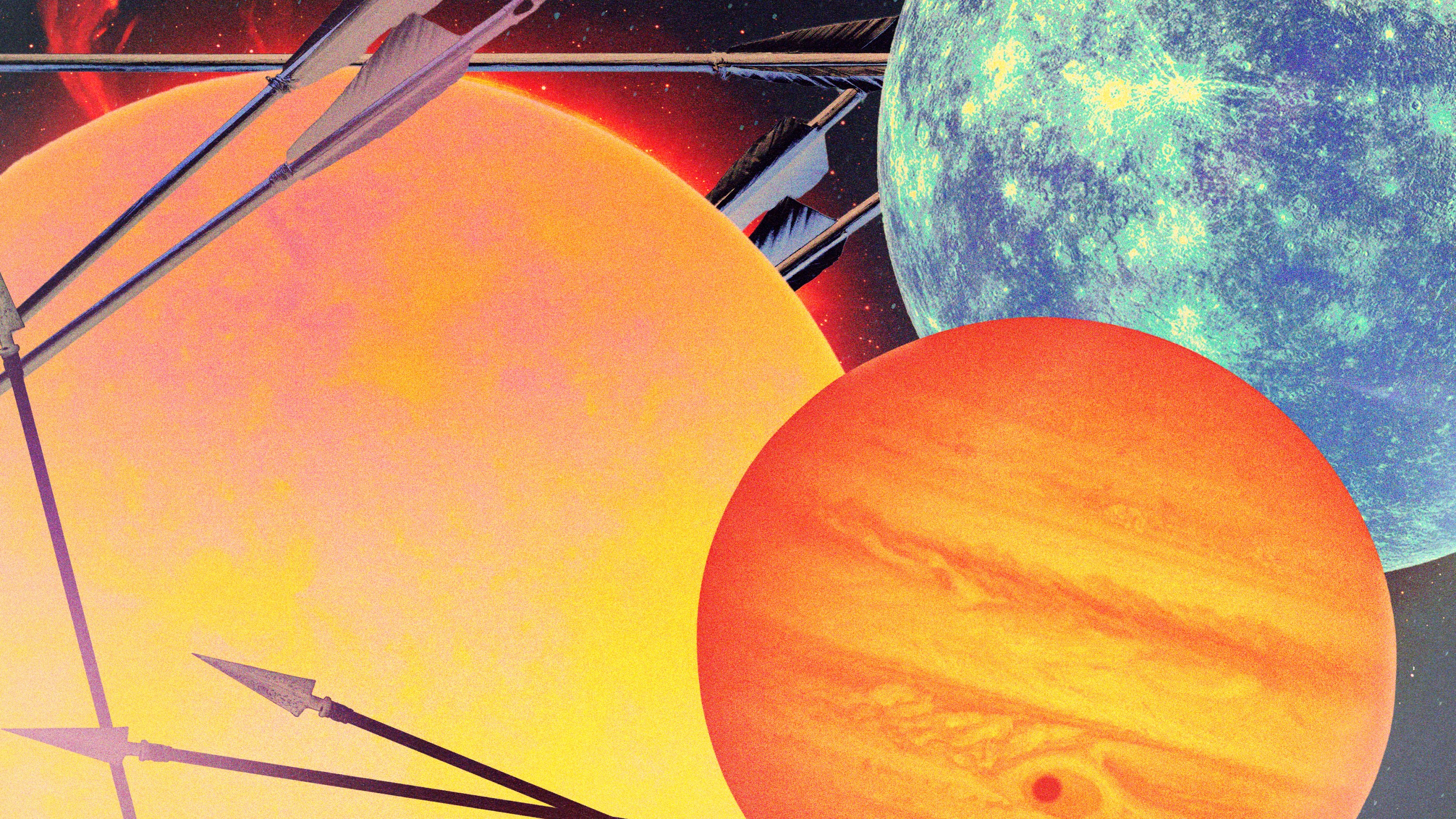 Planet Jupiter, Mercury, and the sun with arrows running over them in honor of Sagittarius season
