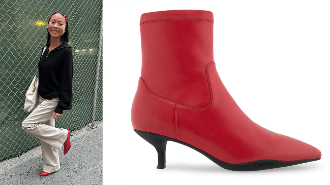 Left: Katie wearing the Aerosoles Lasko Bootie in red; Right: a product shot of the Aerosoles Lasko Bootie in red.
