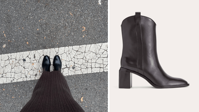 Left: Katie wearing the Everlane Outlaw Boot in black; Right: a product shot of the Everlane Outlaw Boot.