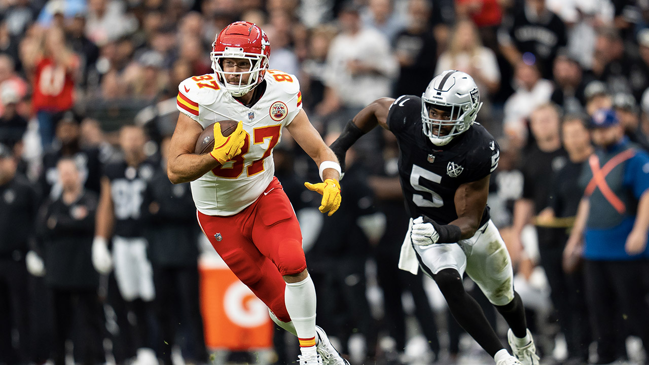 LAS VEGAS, NEVADA - OCTOBER 27: Tight end Travis Kelce #87 of the Kansas City Chiefs completes a catch and carries a ball during the first quarter of an NFL football game against the Las Vegas Raiders, at Allegiant Stadium on October 27, 2024 in Las Vegas, Nevada.