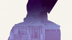 Girl in graduation cap ponders living in suburban house.