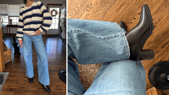 Kaili wearing the Naturalizer Aimee Weatherproof Ankle Boot in black.