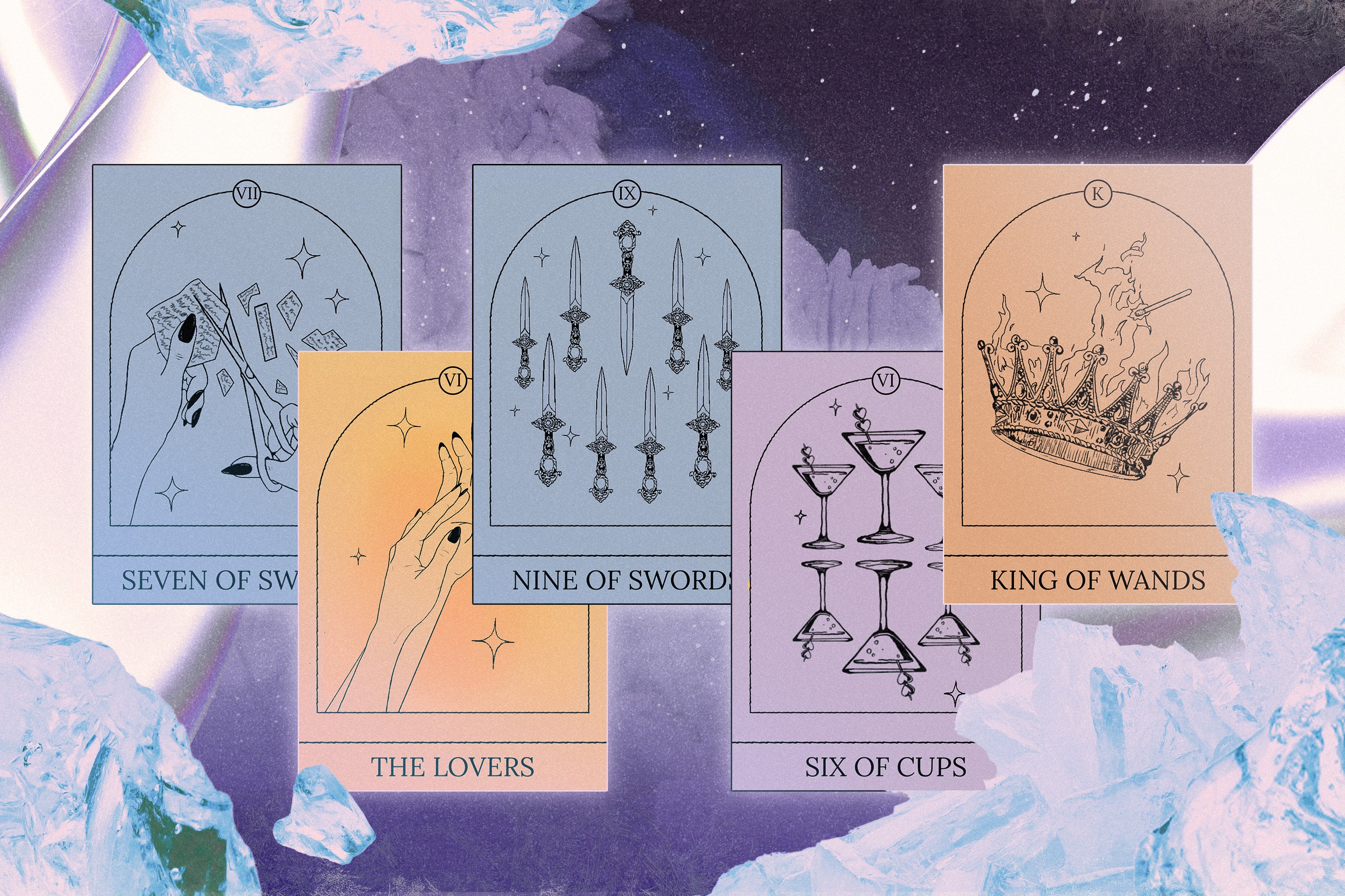 A series of Tarot cards with a purple winter background