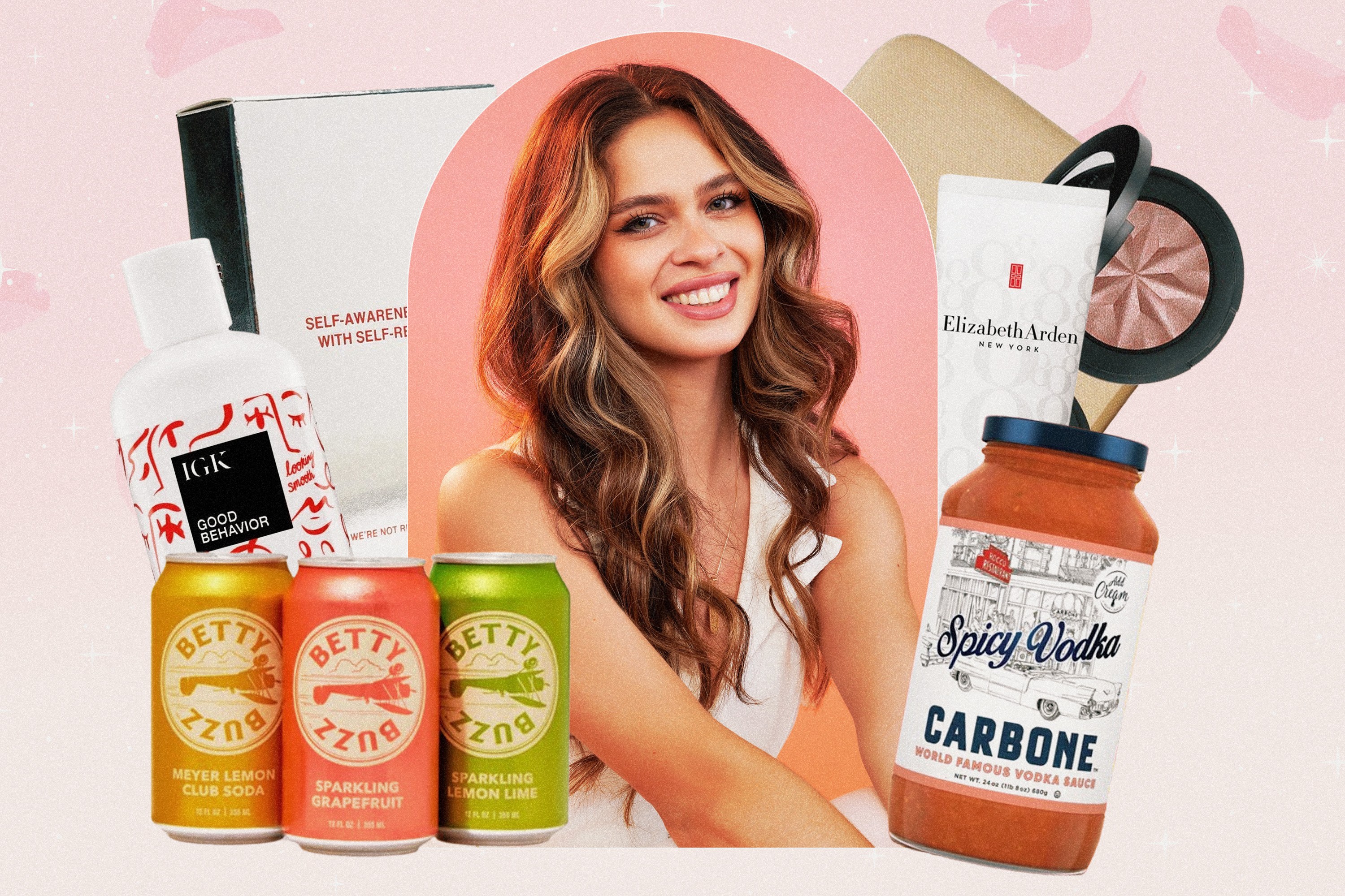 Kelsey Anderson next to skincare, makeup, food, and drink products.