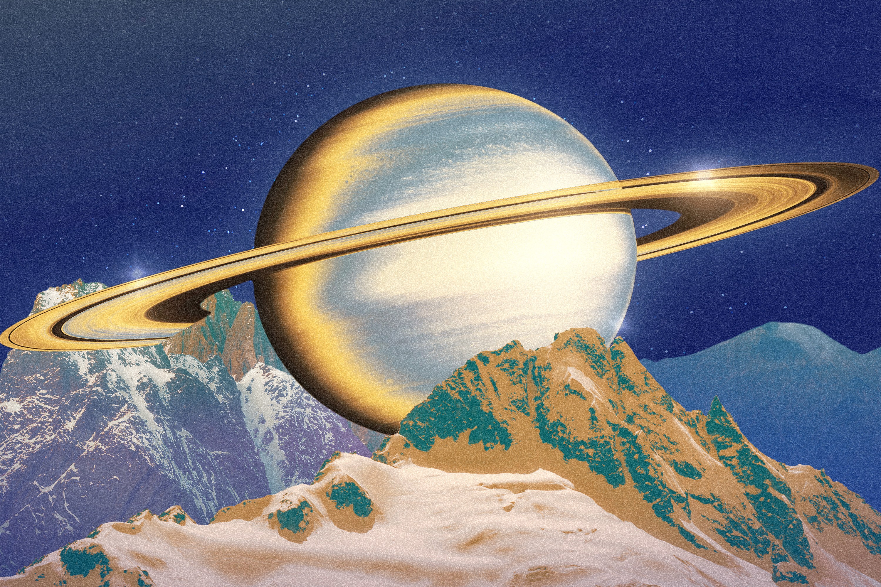 A prismatic and chrome Saturn in front of a series of cold mountain ranges and a dark blue night sky