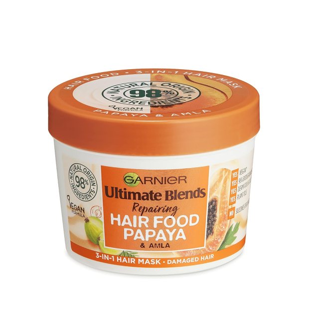 Garnier Ultimate Blends Hair Food Papaya Hair Mask in an orange pot.