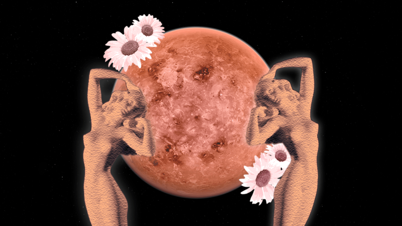Planet Venus surrounded by goddess statues and daisy flowers