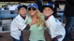 LOS ANGELES, CA - APRIL 17: In this handout photo provided by the LA Dodgers, Britney Spears poses with sons Jayden James Federline (L) and Sean Preston Federline (R) during a game against the San Diego Padres at Dodger Stadium on April 17, 2013 in Los Angeles, California.