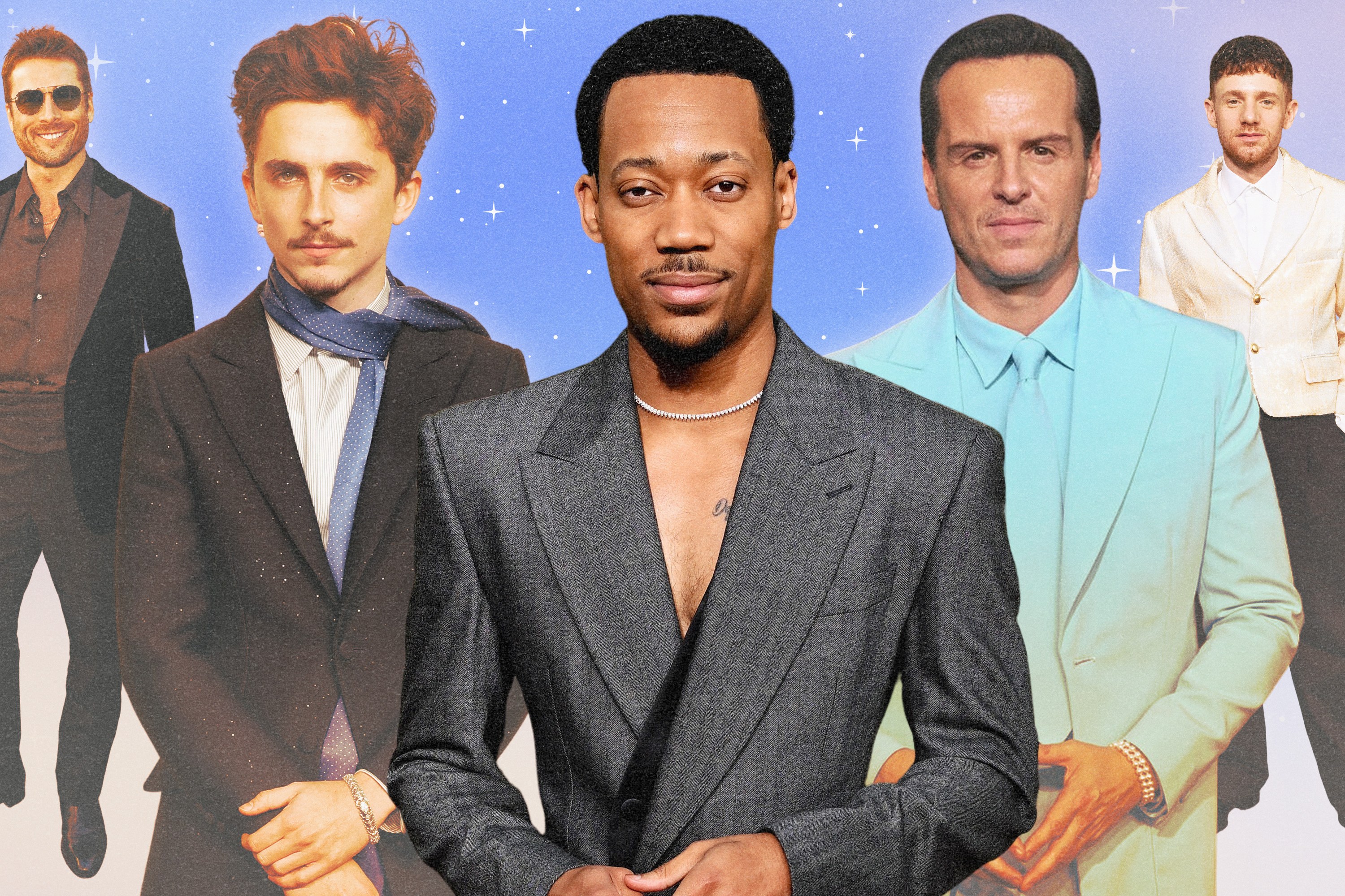 A collage of the best-dressed men at the 2025 Golden Globes