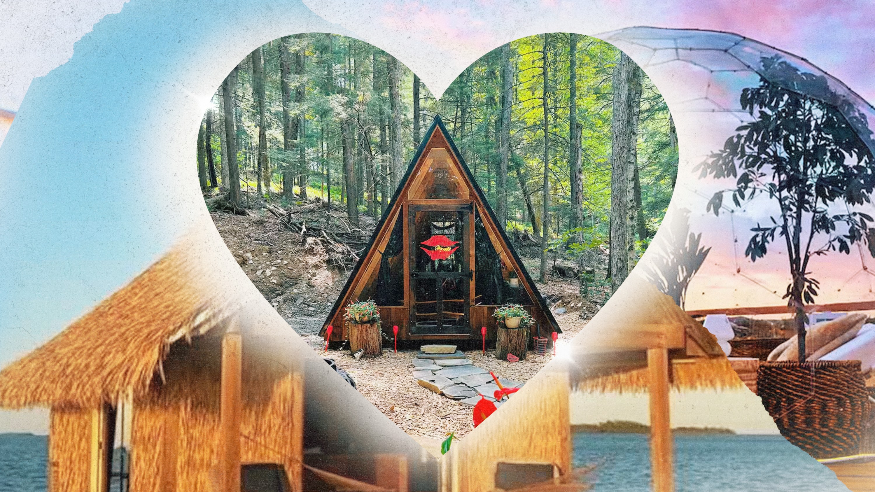 A collage of romantic Airbnbs