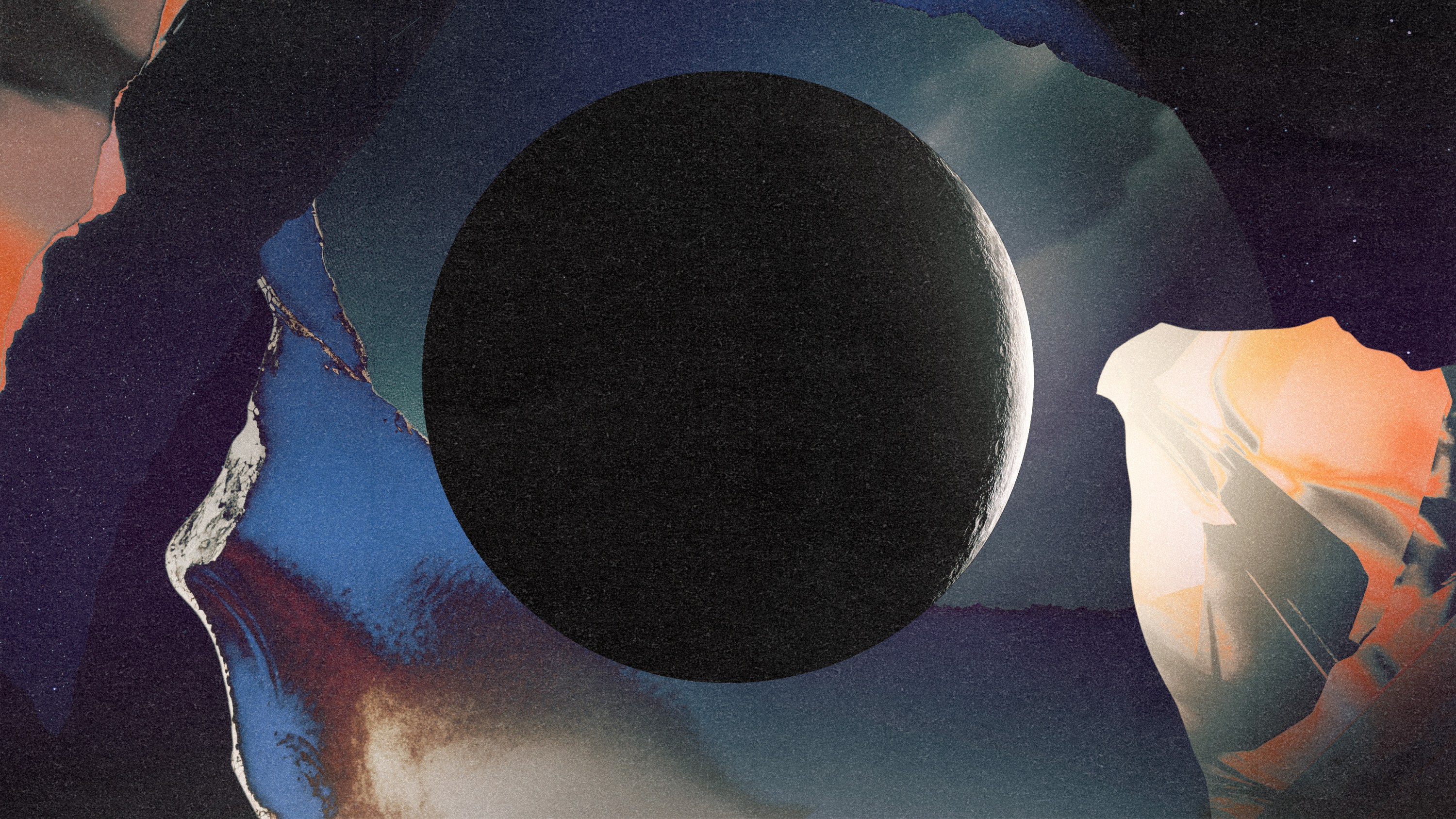 A new moon over a cosmic and abstract twilight sky