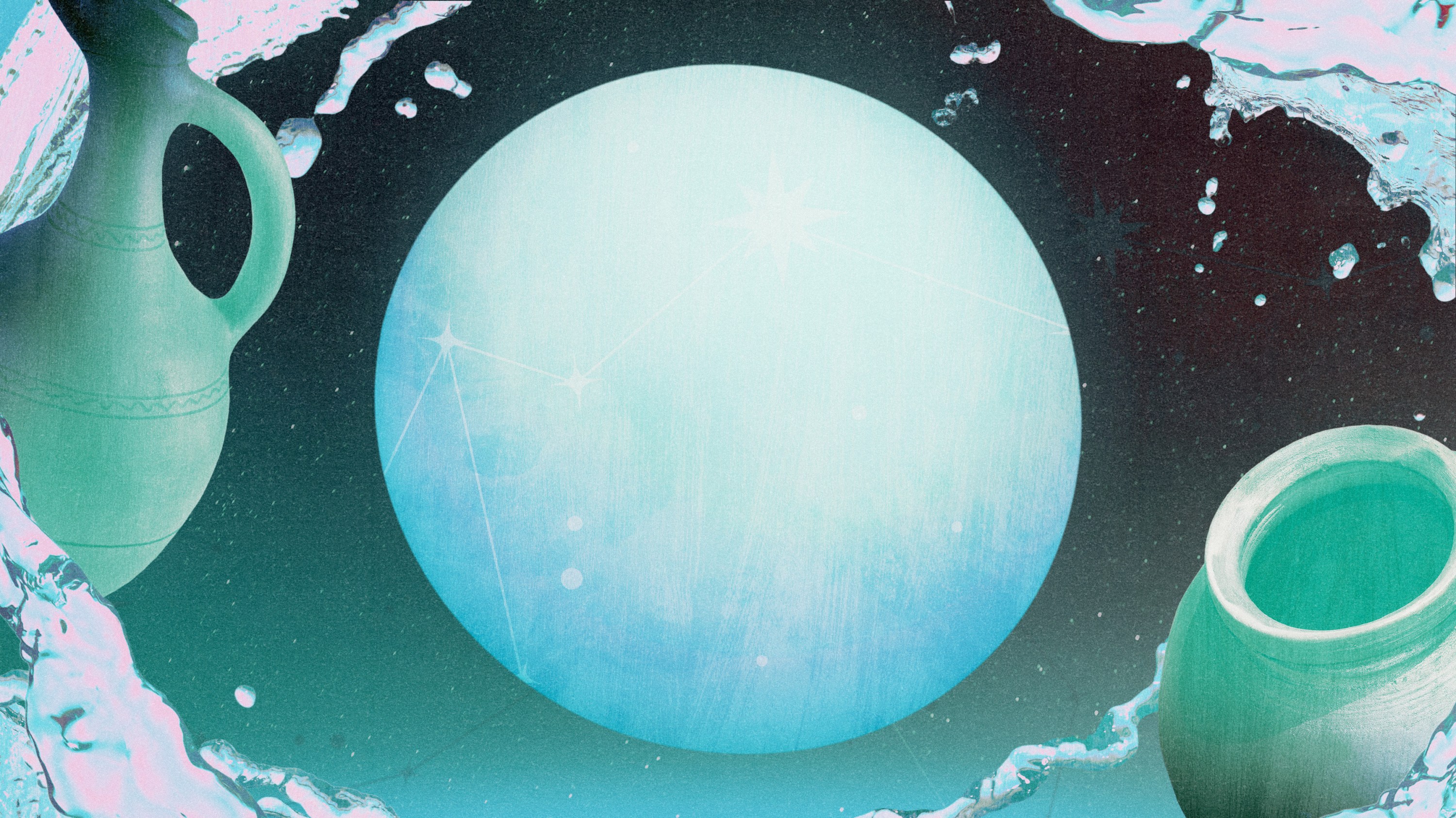 The full moon in Aquarius in a light ble hue sitting next to pales of water