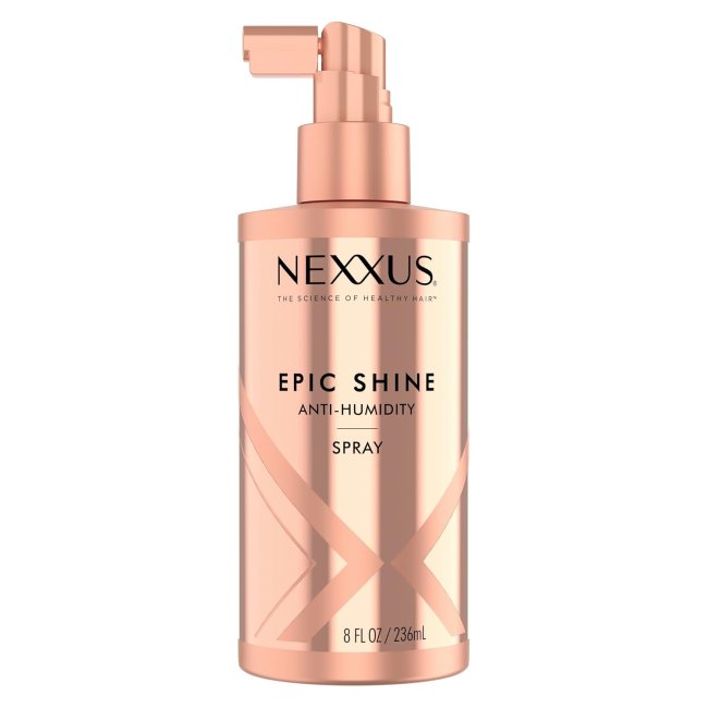 Nexxus Epic Shine Spray in a rose gold bottle.