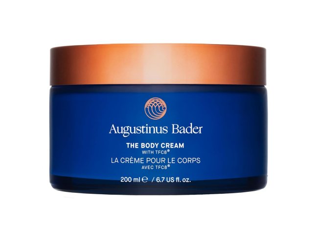 Augustinus Bader Body Cream in a blue pot.