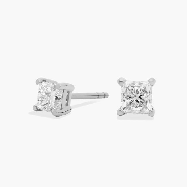 Princess Cut Diamond Stud Earrings In 14K White Gold