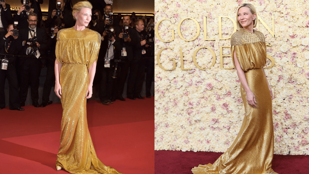 Cate Blanchett wears a gold Louis Vuitton gown to Cannes 2024 and to the Golden Globes 2025.