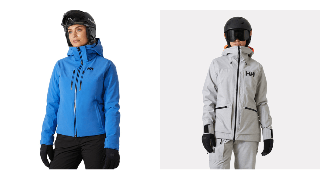 Two models wearing Helly Hansen ski jackets