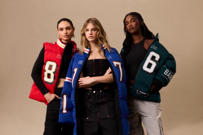 Three models wearing the Off Season NFL and Fanatics collaboration collection of puffer vests, jackets, and long coats.