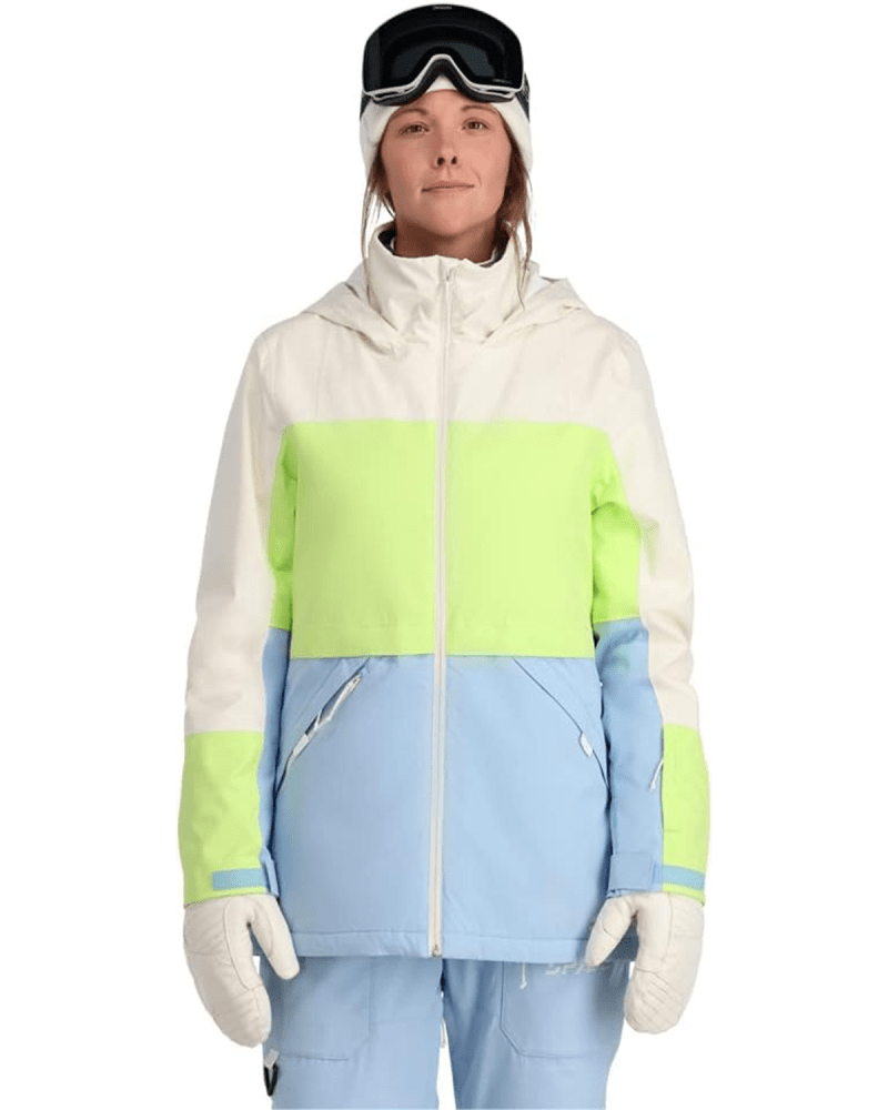 Spyder Field Insulated Ski Jacket in white, light green, and light blue colorway