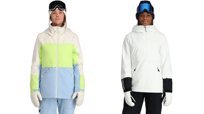 Two models wearing Spyder ski jackets