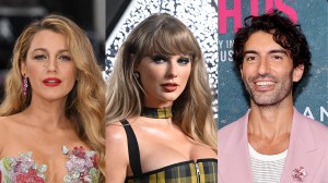 Blake Lively (a blonde white woman wearing florals), Taylor Swift (a blonde white woman wearing plaid), Justin Baldoni (a white man wearing a pink suit)
